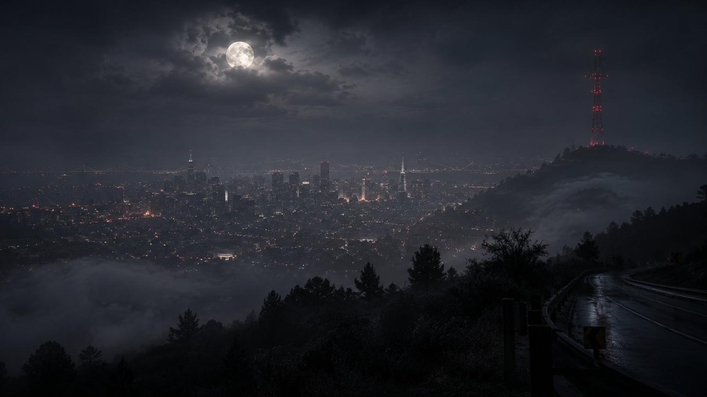 Skyline von San Francisco bei Nacht unter Vollmond