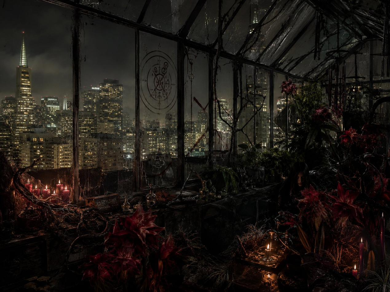 Verlassenes Penthouse-Gewächshaus mit thaumaturgischem Sigil über der Skyline